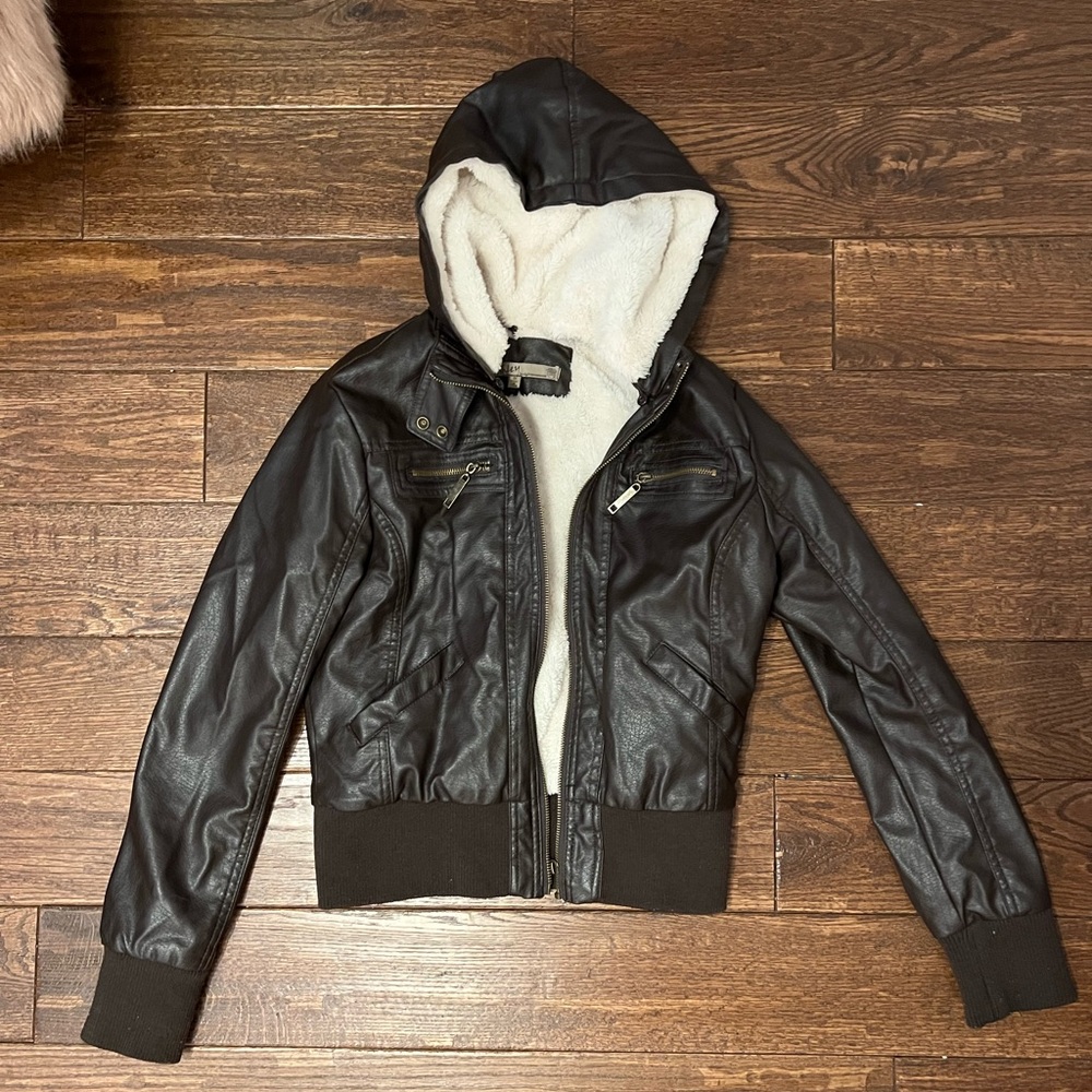 Brown Faux Leather Coat with Detachable Hood & Soft Inside